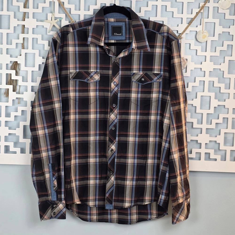 7 Diamonds Calling Earth Mens XL Plaid Button Up Shirt Long Sleeve Brown Blue